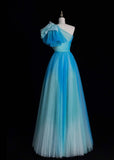 Niulatu One Shoulder A-Line Long Prom Dresses Tulle Blue Formal Dresses Sweet 16 Dress HZ1026