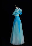 Niulatu One Shoulder A-Line Long Prom Dresses Tulle Blue Formal Dresses Sweet 16 Dress HZ1026