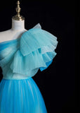 Niulatu One Shoulder A-Line Long Prom Dresses Tulle Blue Formal Dresses Sweet 16 Dress HZ1026