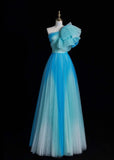 Niulatu One Shoulder A-Line Long Prom Dresses Tulle Blue Formal Dresses Sweet 16 Dress HZ1026