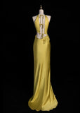 Niulatu Jewel Sheath Long Prom Dresses Satin Yellow Formal Dresses HZ1026