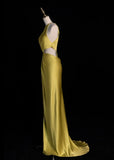 Niulatu Jewel Sheath Long Prom Dresses Satin Yellow Formal Dresses HZ1026