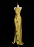 Niulatu Jewel Sheath Long Prom Dresses Satin Yellow Formal Dresses HZ1026