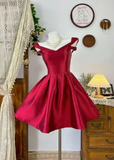 Niulatu V-neck A-Line Short Prom Dresses Satin Red Birthday Dresses Red Homecoming Dresses HZ1026