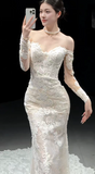 Niulatu Off-the-shoulder Mermaid Train Wedding Dresses Lace Applique Bridal Gowns Long Sleeve White Bridal Dresses HZ1026