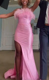 Niulatu Strapless Sheath Long Prom Dresses with Slits,Satin Pink Formal Dresses HZ1026