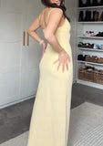 Niulatu Sheath Long Prom Dresses, Chiffon Butter Yellow Formal Dresses, Spaghetti Straps Birtdhay Dresses HZ1026