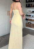 Niulatu Sheath Long Prom Dresses, Chiffon Butter Yellow Formal Dresses, Spaghetti Straps Birtdhay Dresses HZ1026