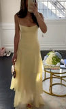 Niulatu Sheath Long Prom Dresses, Chiffon Butter Yellow Formal Dresses, Spaghetti Straps Birtdhay Dresses HZ1026