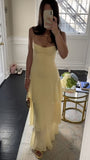Niulatu Sheath Long Prom Dresses, Chiffon Butter Yellow Formal Dresses, Spaghetti Straps Birtdhay Dresses HZ1026