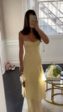 Niulatu Sheath Long Prom Dresses, Chiffon Butter Yellow Formal Dresses, Spaghetti Straps Birtdhay Dresses HZ1026