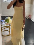 Niulatu Sheath Long Prom Dresses, Chiffon Butter Yellow Formal Dresses, Spaghetti Straps Birtdhay Dresses HZ1026