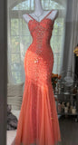Niulatu V-neck Mermaid Long Prom Dresses, Sparkly Chiffon Beaded Coral Formal Dresses HZ1026