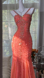 Niulatu V-neck Mermaid Long Prom Dresses, Sparkly Chiffon Beaded Coral Formal Dresses HZ1026