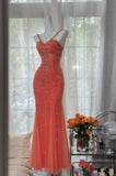 Niulatu V-neck Mermaid Long Prom Dresses, Sparkly Chiffon Beaded Coral Formal Dresses HZ1026