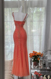 Niulatu V-neck Mermaid Long Prom Dresses, Sparkly Chiffon Beaded Coral Formal Dresses HZ1026