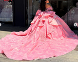 Niulatu Off-the-shoulder Ball Gown Tulle Long Prom Dresses Beaded Pink Sweet 16 Dress Applique Quinceanera Dresses HZ1026