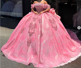 Niulatu Off-the-shoulder Ball Gown Tulle Long Prom Dresses Beaded Pink Sweet 16 Dress Applique Quinceanera Dresses HZ1026