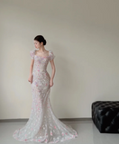 Niulatu Square Neck Mermaid Long Wedding Dresses Applique Tulle Bridal Gowns Short Sleeve Bridal Dresses HZ1026
