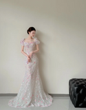 Niulatu Square Neck Mermaid Long Wedding Dresses Applique Tulle Bridal Gowns Short Sleeve Bridal Dresses HZ1026