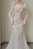 Niulatu Square Neck Mermaid Long Wedding Dresses Applique Tulle Bridal Gowns Short Sleeve Bridal Dresses HZ1026