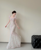 Niulatu Square Neck Mermaid Long Wedding Dresses Applique Tulle Bridal Gowns Short Sleeve Bridal Dresses HZ1026