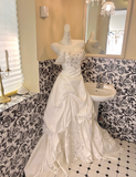 Niulatu Off-the-shoulder Ball Gown Taffeta Long Wedding Dresses Beaded White Bridal Gowns HZ1026