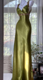 Niulatu V-neck Sheath Long Prom Dresses Silk Olive Green Evening Gowns with Open Back HZ1026