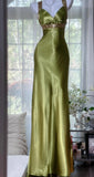 Niulatu V-neck Sheath Long Prom Dresses Silk Olive Green Evening Gowns with Open Back HZ1026