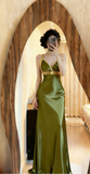 Niulatu V-neck Sheath Long Prom Dresses Silk Olive Green Evening Gowns with Open Back HZ1026