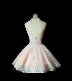 Niulatu V-neck A-Line Short Prom Dresses Sequin Tulle Pink Homecoming Dresses HZ1026