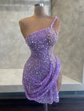 Niulatu One Shoulder Bodycon Short Prom Dresses Beaded Purple Birthday Dresses HZ1026