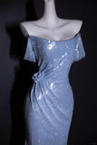 Niulatu Off-the-shoulder Sheath Long Prom Dresses Sequin Sparkly Blue Formal Dresses HZ1026