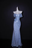 Niulatu Off-the-shoulder Sheath Long Prom Dresses Sequin Sparkly Blue Formal Dresses HZ1026