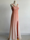 Niulatu V-neck Sheath Long Prom Dresses Vintage Chiffon Peach Evening Dress with Slits HZ1026
