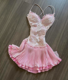 Niulatu Pink Spaghetti Strap Chiffon Party Dresses Lace Applique Short Prom Dresses Homecoming Dress HZ1026