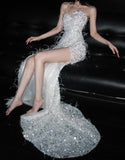 Niulatu Sweetheart Mermaid Long Prom Dresses Sequined White Evening Dresses with Slits HZ1026