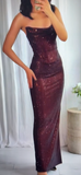 Niulatu Sheath Long Prom Dresses Sequin Brown Evening Dresses Elegant Strapless Wedding Guest Dresses HZ1026