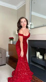 Niulatu Off-the-shoulder Mermaid Long Prom Dresses Sequin Red New Year's Eve Dresses HZ1026