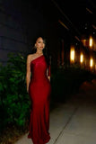 Niulatu One Shoulder Sheath Long Prom Dresses Satin Wine Red New Year's Eve Dresses HZ1026