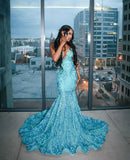 Niulatu Sweetheart Neck Mermaid Long Prom Dresses Satin Applique Blue New Year's Eve Dresses HZ1026