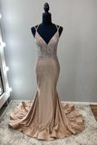 Niulatu Spaghetti Strap Sheath Long Prom Dresses Satin Champagne Wedding Guest Dresses HZ1026