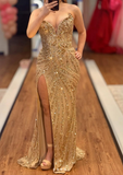 Niulatu V-neck Sheath Long Prom Dresses Gold Wedding Guest Dresses HZ1026
