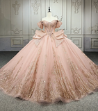 Niulatu Off-the-Shoulder Ball Gown Tulle Long Prom Dresses Applique Blush Pink Quinceanera Dresses Sweet 16 Dresses HZ1026