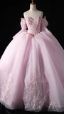 Niulatu Off-the-Shoulder Ball Gown Tulle Long Prom Dresses Beaded Applique Pink Quinceanera Dresses Sweet 16 Dresses HZ1026