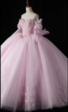 Niulatu Off-the-Shoulder Ball Gown Tulle Long Prom Dresses Beaded Applique Pink Quinceanera Dresses Sweet 16 Dresses HZ1026