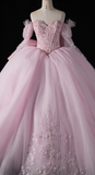 Niulatu Off-the-Shoulder Ball Gown Tulle Long Prom Dresses Beaded Applique Pink Quinceanera Dresses Sweet 16 Dresses HZ1026