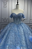 Niulatu Off-the-shoulder Ball Gown Tulle Long Prom Dresses Beaded Applique Blue Quinceanera Dresses Sweet 16 Dresses HZ1026
