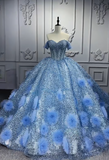 Niulatu Off-the-shoulder Ball Gown Tulle Long Prom Dresses Beaded Applique Blue Quinceanera Dresses Sweet 16 Dresses HZ1026