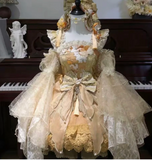 Niulatu Lace Strap Ball Gown Applique Birthday Evening Dress Yellow Long Sleeve Short Lolita Dresses HZ1026